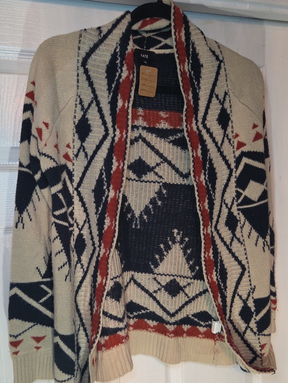 Fate Beige Cardigan with Black & Rust Navajo Knit Pattern